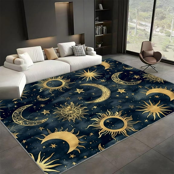 Area Rugs, Sun Moon Stars Celestial Rug Home Modern Carpet, Dreamy Starry Sky Carpet Non-Slip Carpets Rectangle Rug For Living Room, Bedroom, Office And Indoor Decoration