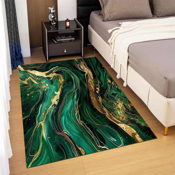 Area Rugs Washable Living Room Rug, Abstract Modern Marble Pattern Soft Rectangle Area Rug, Non-Slip & Non-Shedding Rug Green Print Floor Carpet For Dining Room, Bedroom