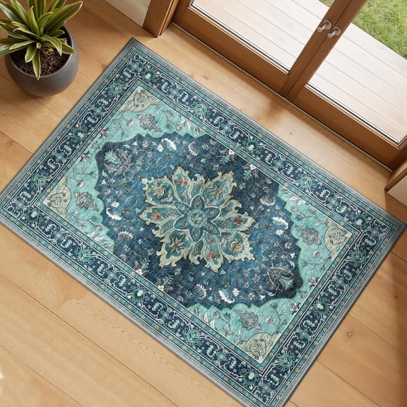 Area Rugs Washable Non-Slip, Floral Vintage Distress Print Pattern Medallion Carpet for Living Room Bedroom Dining Room, Teal Green Lake Blue Turquoise