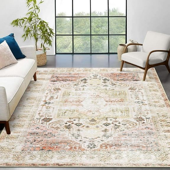 Area Rugs,Washable Non-Slip Rug,Floral Vintage Print Pattern Carpet with Rubber Backing,Area Rug for Living Room Bedroom Dining Room