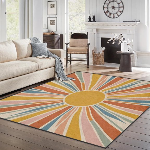 Area Rugs Washable Rug, Boho Retro Sunburst Stain Resistant Non Slip Backing Vintage Sunshine Carpet for Living Room Bedroom Dining Room-5' x 8'