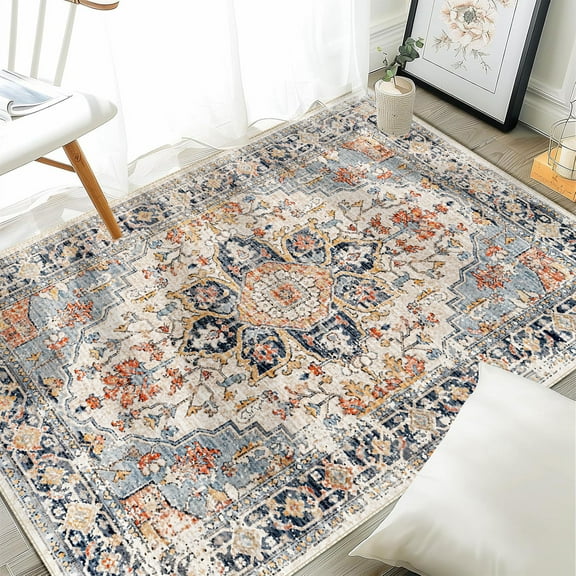 Area Rugs Washable Rug, Non-Slip Rugs for Living Room, Kitchen Rugs, Rugs for Bedroom Entryway Rug, Vintage Rugs Boho Floral Medallion, Low Pile, Soft (Blue, 63"x47")