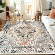 Area Rugs Washable Rug, Non-Slip Rugs for Living Room, Kitchen Rugs, Rugs for Bedroom Entryway Rug, Vintage Rugs Boho Floral Medallion, Low Pile, Soft Blue, 79"x59"