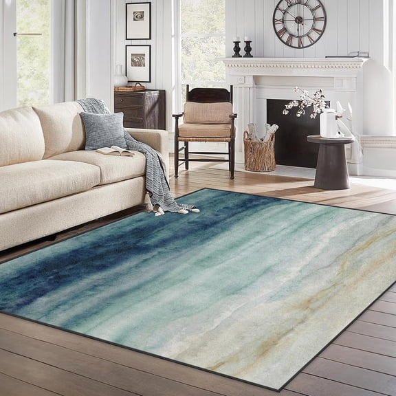 Area Rugs Washable Rug, Watercolor Coastal Ocean Stain Resistant Non Slip Backing Blue Teal Carpet for Living Room Bedroom Dining Room-5' x 8'