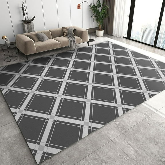 Area Rugs Washable Rugs For Living Room, Non Slip Dining Room Rug, Geometric Stripes Grid Dark Gray Printed Rugs For Bedroom, Floor Carpet For Office Nursery Playroom 4x6ft