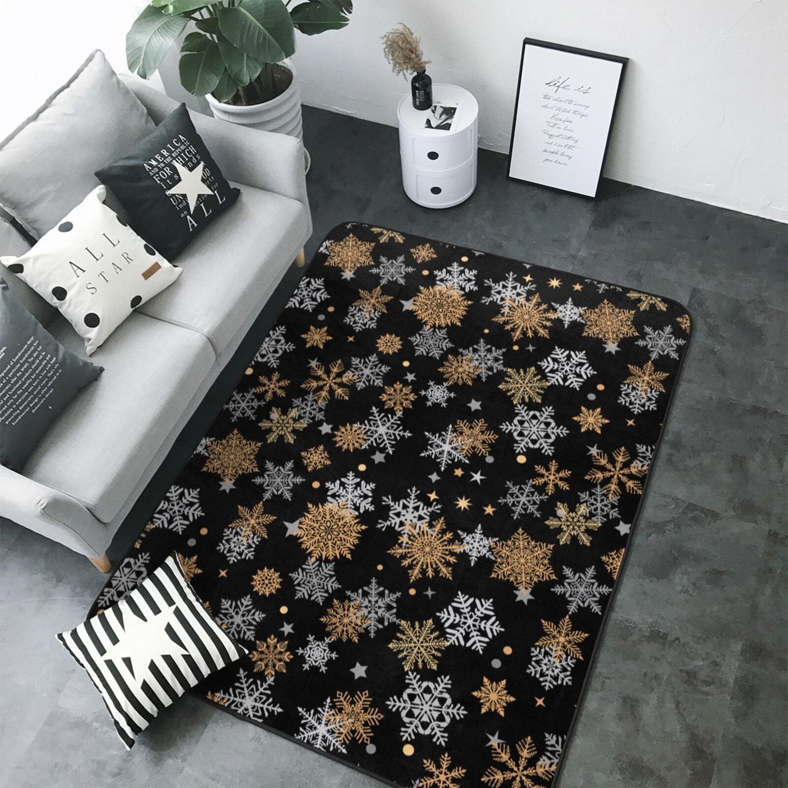 Area Rugs, White And Yellow Snowflakes Washable Large Rugs for Living