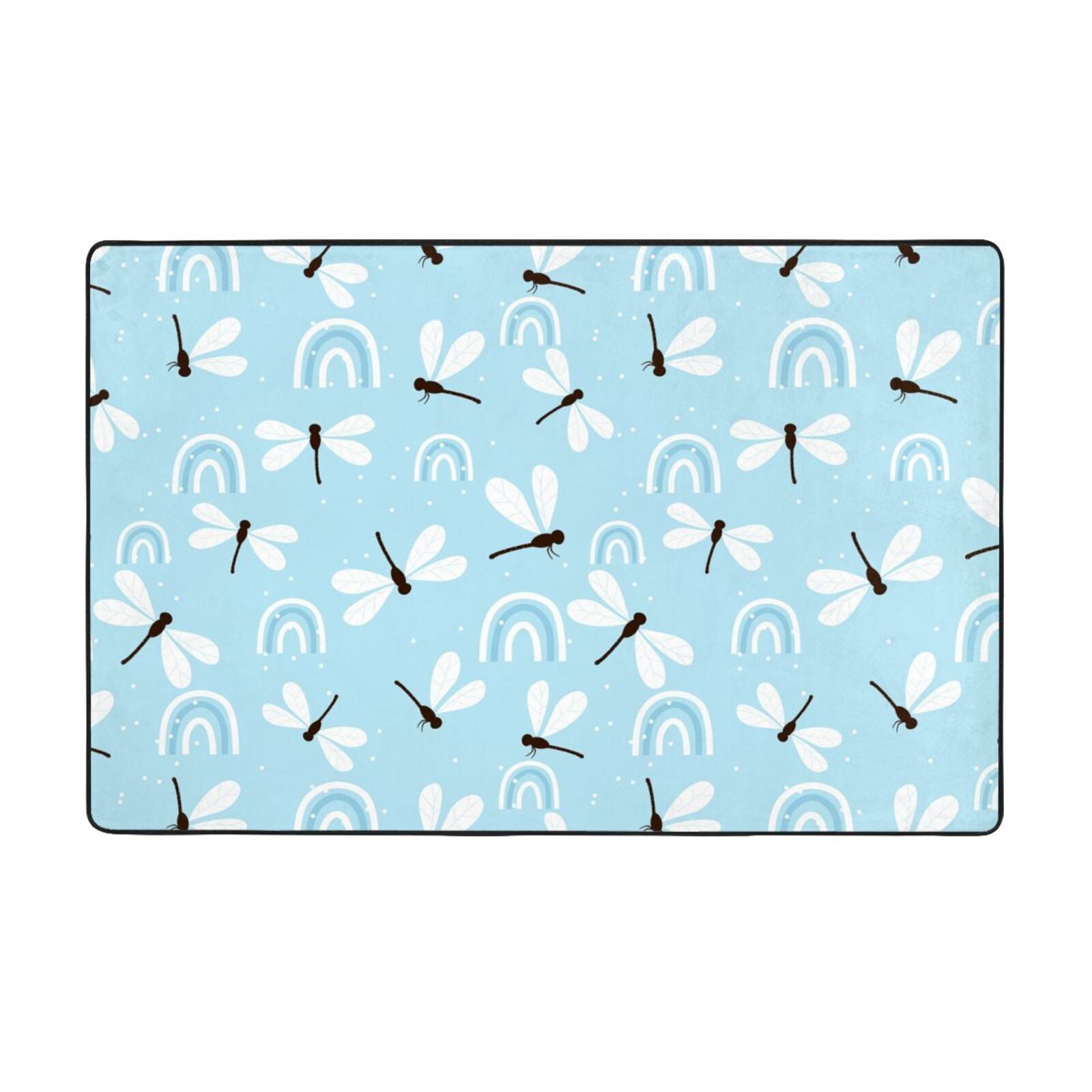 Area Rugs, White Blue Dragonfly Washable Large Rugs for Living Room
