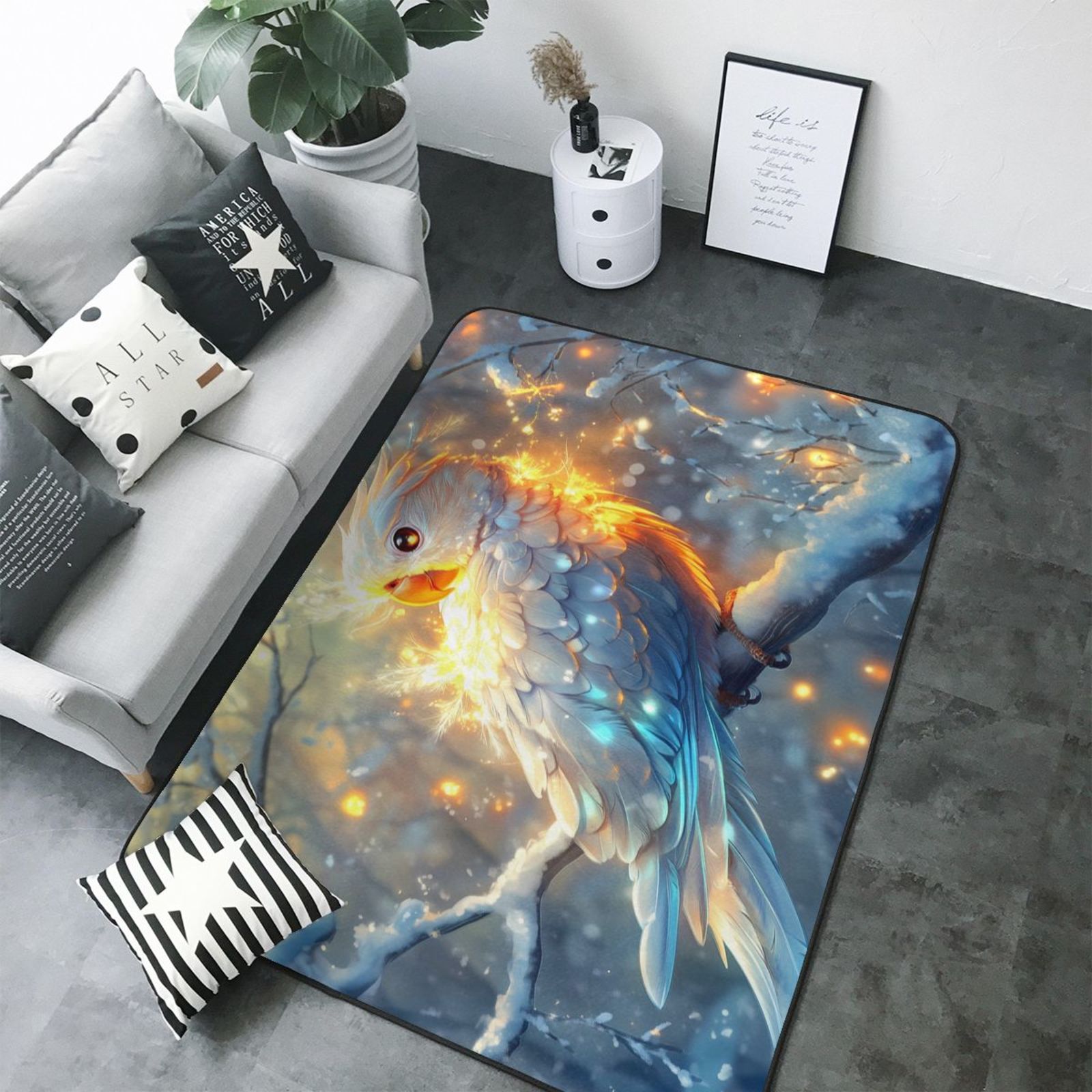 Area Rugs, Winter Snow Tree White Parrot Washable Large Rugs for Living