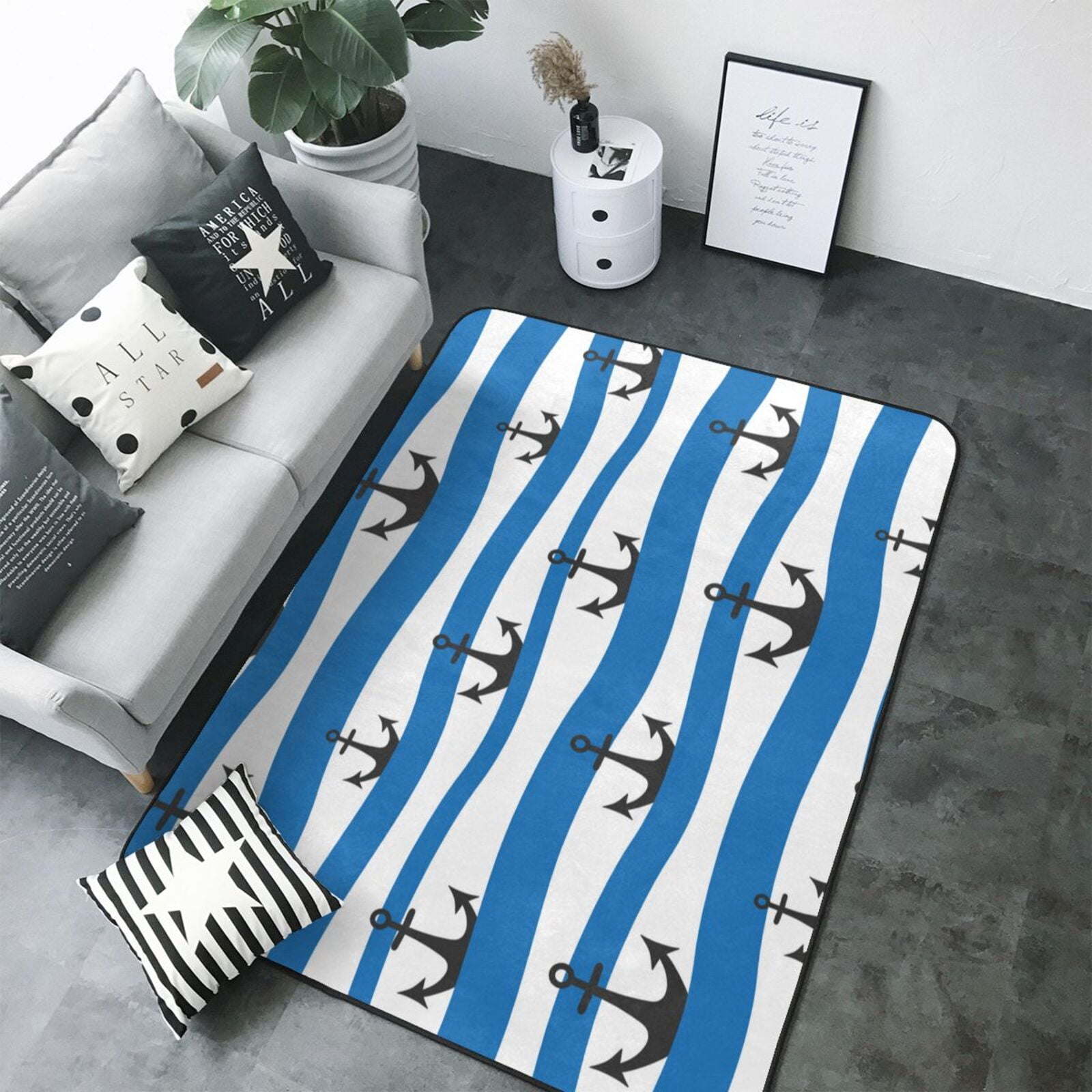 Area Rugs, anchors blue white stripe cute Washable Large Rugs for