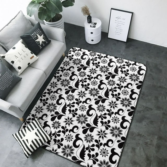 Area Rugs, black white flowers Washable Large Rugs for Living Room