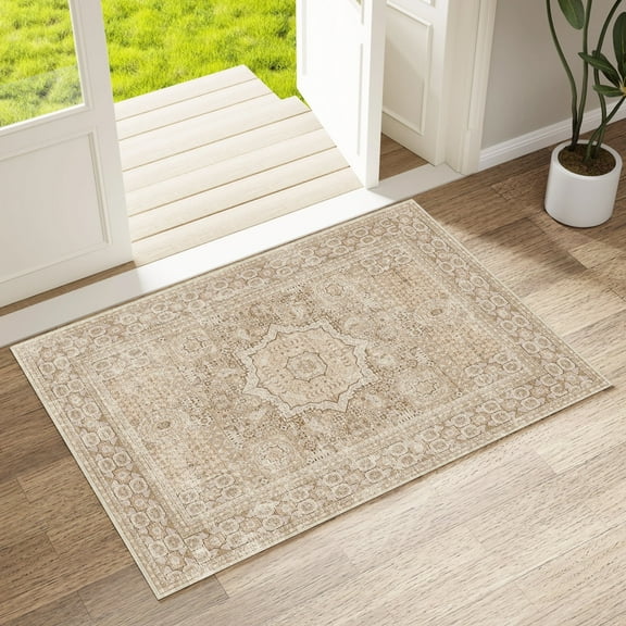 Area Rugs for Living Room 2'x 3' Machine Washable Vintage Print Large Throw Non Slip Bedroom Rugs, Brown