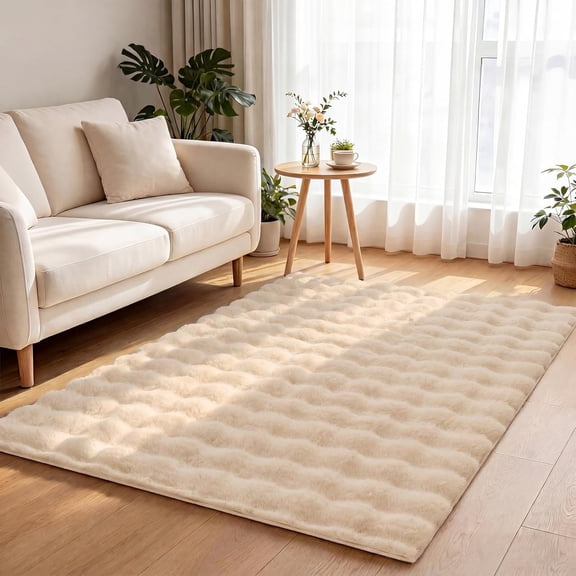 Area Rugs for Living Room, 3x5 Faux Rug Non Slip Machine Washable Soft Shaggy Indoor Floor Carpet for Bedroom Dorms Playroom, Beige