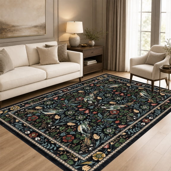 Area Rugs for Living Room, 4'x6' Washable Moroccan Low Pile Non-Slip Soft Print Pattern Rug for Bedroom Kitchen Dining Room Entryway - Black