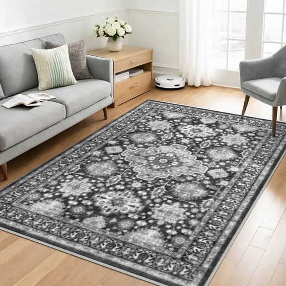 Quccifan 4'x6' Washable Area Rug, Boho Vintage Persian Distressed Rug, Non-Slip Low Pile Black Grey Carpet for Entryway, Bedroom, Small Spaces