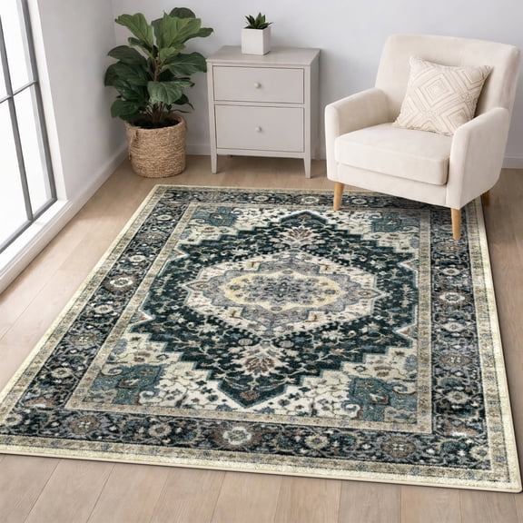 Washable Moroccan Area Rug 4'x6', Quccifan Low Pile Non-Slip Soft Printed Carpet for Living Room Bedroom Dining Room Kitchen Entryway, Black
