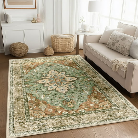Vintage Area Rugs for Living Room,5'x7' Washable Rug, Non-Slip Bedrooms Rugs, Boho Floral Indoor Carpet,Low Pile, Brick Red Green