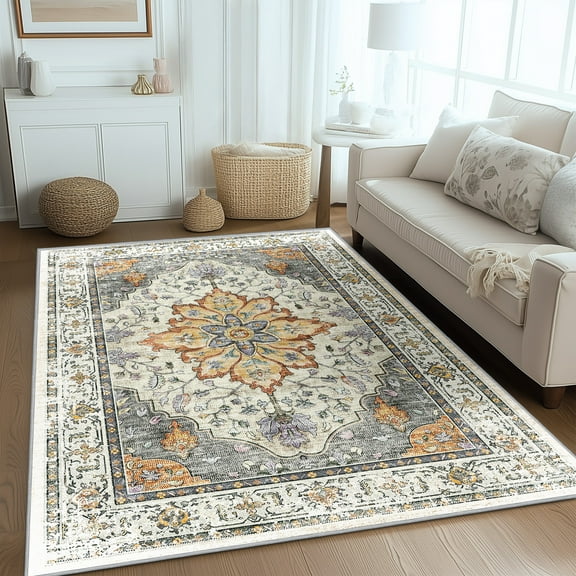 Vintage Area Rugs for Living Room,5'x7' Washable Rug, Non-Slip Bedrooms Rugs, Boho Floral Indoor Carpet,Low Pile, Light Yellow Grey