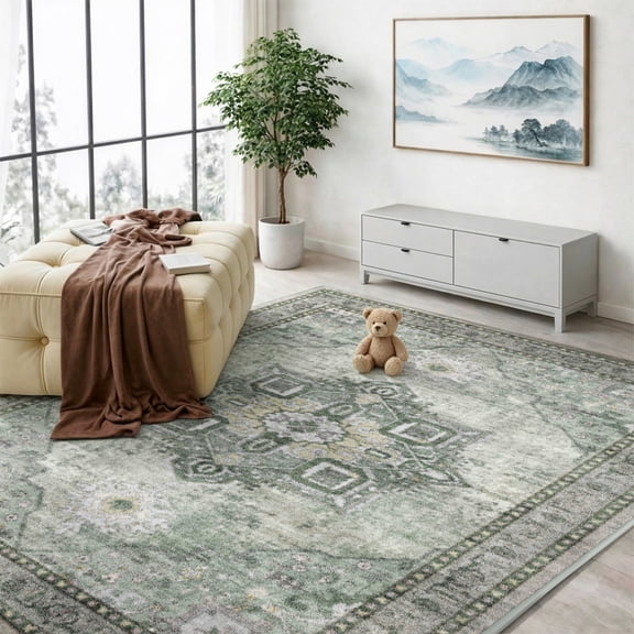Area Rugs for Living Room, 5'x7' Washable Moroccan Low Pile Non-Slip Soft Print Pattern Rug for Bedroom Kitchen Dining Room Entryway - Green