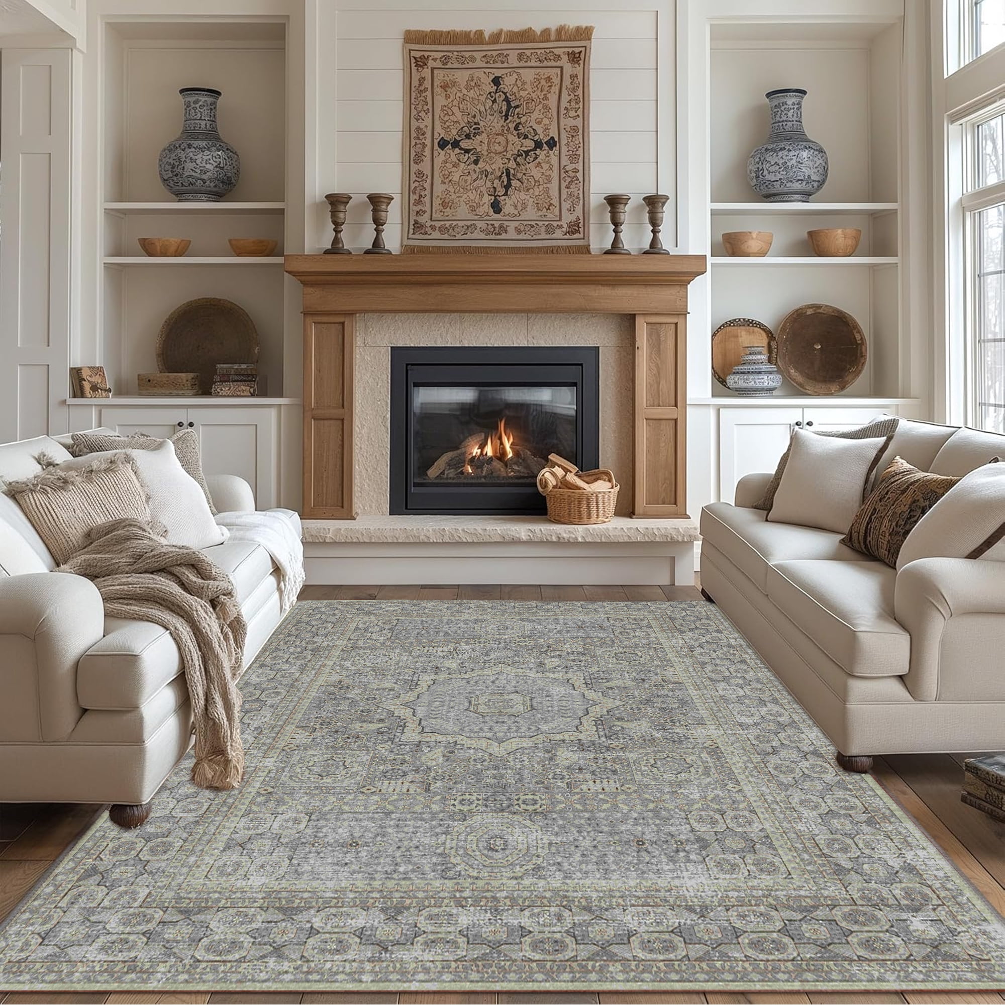 Area Rugs for Living Room 6'x 8' Machine Washable Vintage Print Large ...