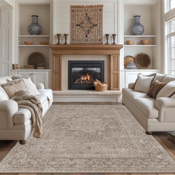 Boho Area Rugs for Living Room 6'x 9' Machine Washable Vintage Print Large Throw Non Slip Bedroom Rugs, Brown