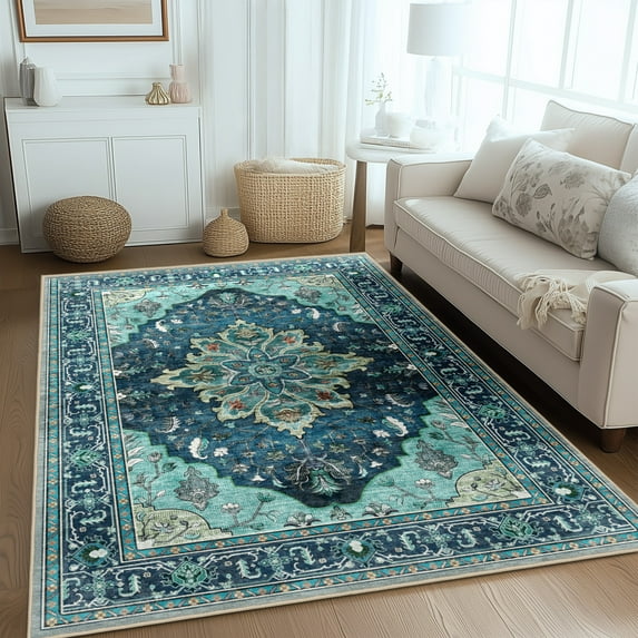 Vintage Area Rugs for Living Room,6'x9' Washable Rug, Non-Slip Bedrooms Rugs, Boho Floral Indoor Carpet,Low Pile, Green Teal