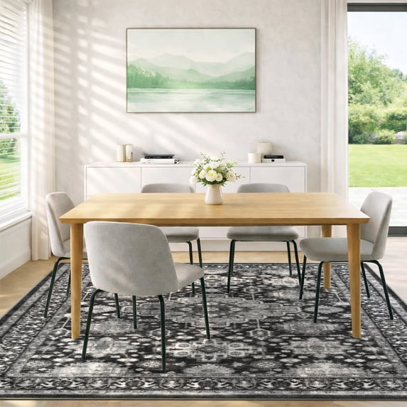 Area Rugs for Living Room, 6'x9' Washable Moroccan Low Pile Non-Slip Soft Print Pattern Rug for Bedroom Kitchen Dining Room Entryway - Black