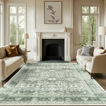 KAMOMA 8'x10' Area Rugs for Living Room Machine Washable Vintage Indoor Rug Low Pile Non Slip Carpet for Bedroom Dining Room Office Home Decor, Green