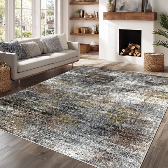 Area Rugs for Living Room, 8'x10' Washable Indoor Rug Abstract Retro Brown, Soft Low Pile Stain Resistant Carpet for Bedroom, Dinning Room