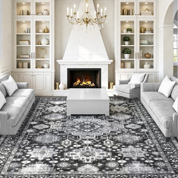 Area Rugs for Living Room, Quccifan 8'x10' Washable Vintage Boho Low Pile Non-Slip Soft Black Persian Distressed Carpet for Bedroom, Office