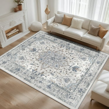 Vintage Area Rugs for Living Room,9'x12' Non-Slip and Washable Rug,Soft Durable Indoor Carpet,Beige Blue