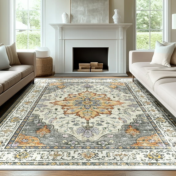 Vintage Area Rugs for Living Room,9'x12' Washable Rug, Non-Slip Bedrooms Rugs, Boho Floral Indoor Carpet,Low Pile, Light Yellow Grey