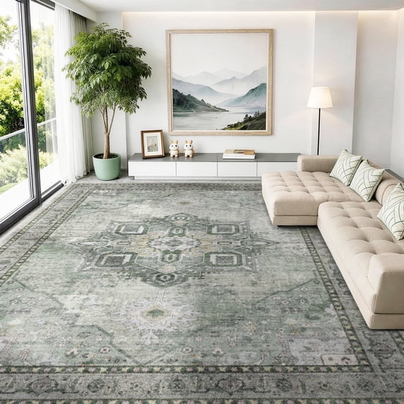 Area Rugs for Living Room, 9'x12' Washable Moroccan Low Pile Non-Slip Soft Green Print Pattern Rug for Bedroom Kitchen Dining Room Entryway