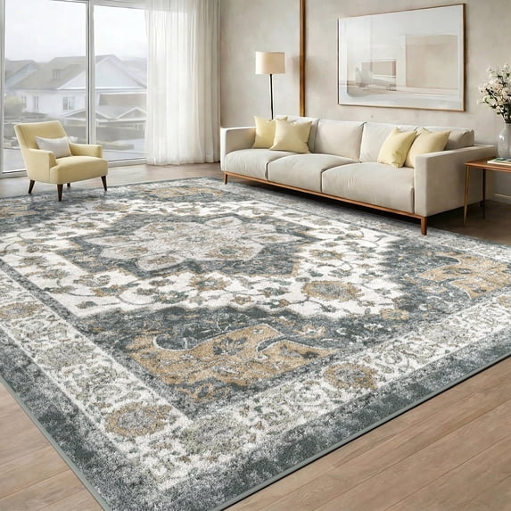Area Rugs for Living Room, 9'x12' Washable Moroccan Low Pile Non-Slip Soft Print Pattern Rug for Bedroom Kitchen Dining Room Entryway - Green