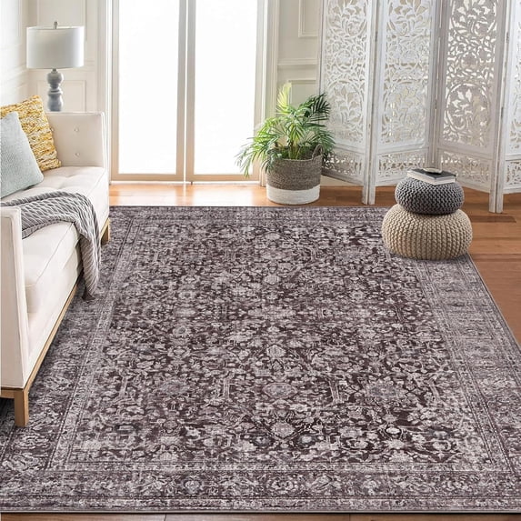 Area Rugs for Living Room Bedroom, Large Washable Rug, Vintage Floral Boho Non Slip Low Pile Carpet Indoor Dining Room Kids Room Brown 10 * 13 ft
