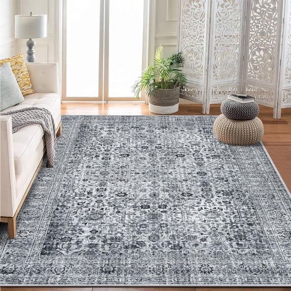 Area Rugs for Living Room Bedroom, Large Washable Rug, Vintage Floral Boho Non Slip Low Pile Carpet Indoor Dining Room Kids Room Grey 6 * 9 ft