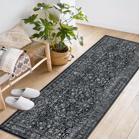 Area Rugs for Living Room Bedroom, Large Washable Rug, Vintage Floral Boho Non Slip & Low Pile Carpet Indoor Dining Room and Kids Room Black 2 * 6 ft