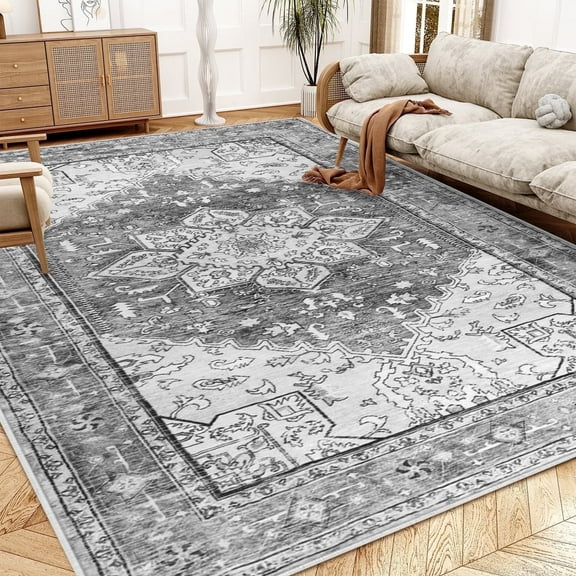 Area Rugs for Living Room Bedroom, Yamaziot 5'x7' Washable Rug Vintage Boho Accent Rug, Non-Slip Medallion Distressed Persian Floor Mat Carpet, Gray
