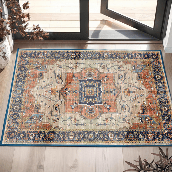 Area Soft Rugs 2x3 Washable Non Slip Boho Small Floor Entryway Rugs for Living Room Bedroom, Vintage Style Farmhouse Mat for Kitchen Off-White & Orange