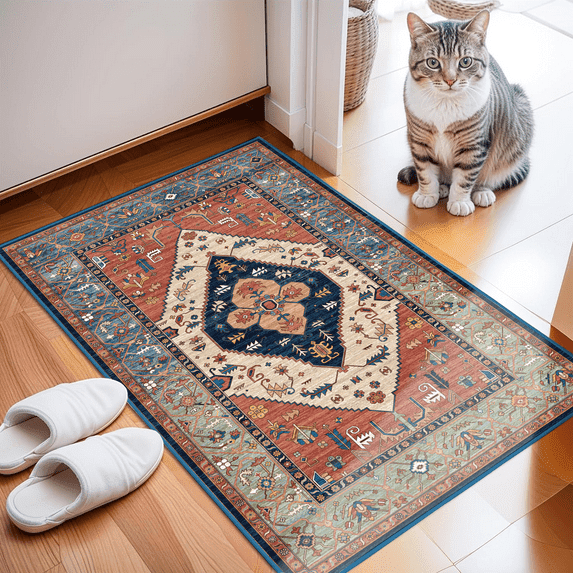 Washable Runner Rug 2' x 3', Non Slip Low Pile Hallway Kitchen Rug Runner, Soft Vintage Boho Indoor Entryway Rug, Rust & Navy, MOURZAORS