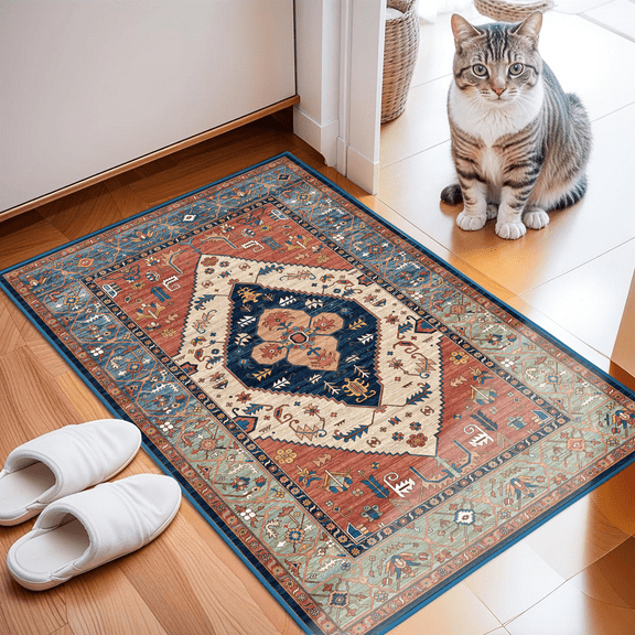 Area Soft Rugs 2X3 Washable Non Slip Boho Small Floor Entryway Rugs for Living Room Bedroom, Vintage Style Farmhouse Mat for Kitchen Red & Brown