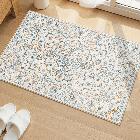 Area Soft Rugs 2X3 Washable Non Slip Boho Small Floor Entryway Rugs for Living Room Bedroom, Vintage Style Farmhouse Mat for Kitchen White & Blue