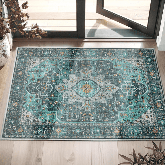 Area Soft Rugs 2x3 Washable Non Slip Boho Small Floor Entryway Rugs for Living Room Bedroom, Vintage Style Farmhouse Mat for Kitchen Green & Gray