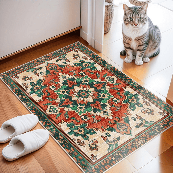 Area Soft Rugs 2x3 Washable Non Slip Boho Small Floor Entryway Rugs for Living Room Bedroom, Vintage Style Farmhouse Mat for Kitchen Red & Green