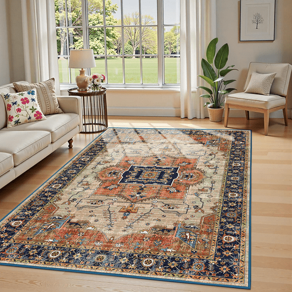 Area Soft Rugs 3X5 Washable Non Slip Boho Small Floor Entryway Rugs for Living Room Bedroom, Vintage Style Farmhouse Mat for Kitchen Off-White & Orange