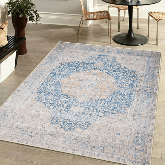 Area Soft Rugs 3X5 Washable Non Slip Boho Small Floor Entryway Rugs for Living Room Bedroom, Vintage Style Farmhouse Mat for Kitchen Blue & Gray