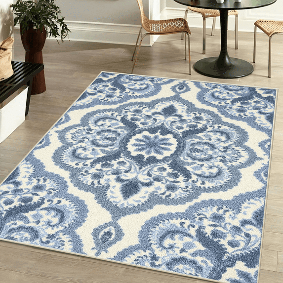 Area Soft Rugs 4X6 Washable Non Slip Boho Small Floor Entryway Rugs for Living Room Bedroom, Vintage Style Farmhouse Mat for Kitchen Blue & Gray