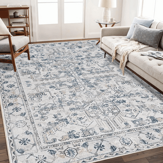 Area Soft Rugs 5x7 Washable Non Slip Boho Small Floor Entryway Rugs for Living Room Bedroom, Vintage Style Farmhouse Mat for Kitchen Blue & Gray