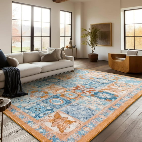 Area Vintage Boho Rugs for Living Room, Machine Washable Area Rugs with Non-Slip Backing, Indoor Rug Vintage Bohemian Area Rug Home Decor, Room Decor, 4 x 6 ft, Orange, 1 Pack