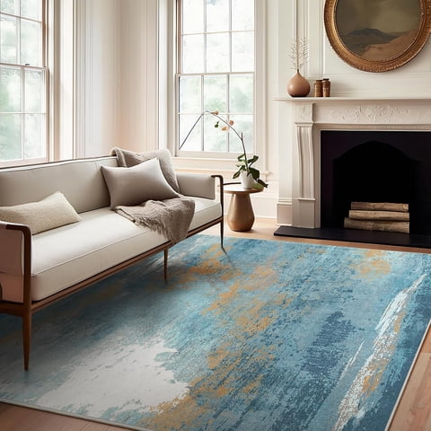Phantoscope Warm Moroccan Boho Rug — Low-Pile Living Room Rug, 5' x 7', Blue/Orange