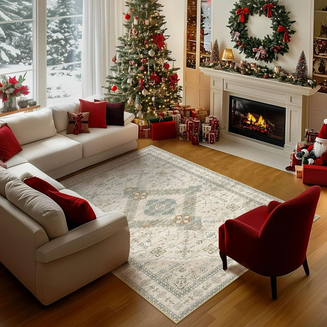 Area Vintage Boho Rugs for Living Room, Machine Washable Area Rugs with Non-Slip Backing, Indoor Rug Vintage Bohemian Area Rug Home Decor, Room Decor, 5 x 7 ft, Light Gray, 1 Pack